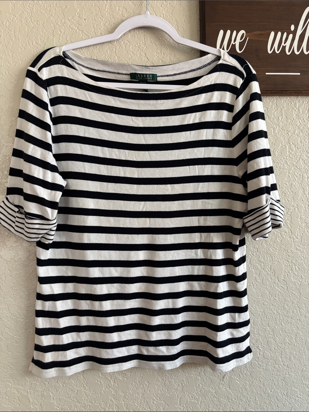 Lauren Ralph Lauren Black and White Striped Short Sleeve Boatneck Tee